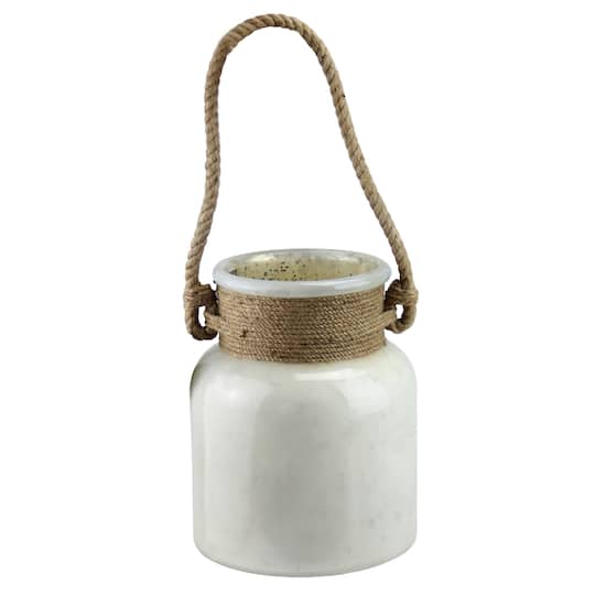 9.5" Seaside Treasures Antique White Glass Hurricane With Rope Handle